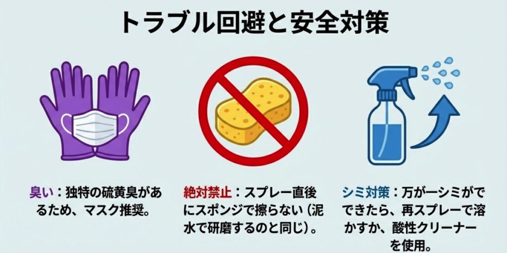 手袋とマスクの着用推奨アイコン、およびスポンジで擦ることへの禁止マーク（No Scrubbing）