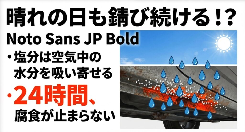 塩分が空気中の水分を吸い寄せ、晴れた日であっても24時間体制で車の下回りの腐食が進むメカニズムのイラスト