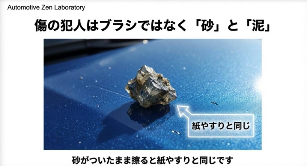 塗装面に乗った石や砂の画像。砂がついたまま擦ることは紙やすりと同じであるという警告図解。