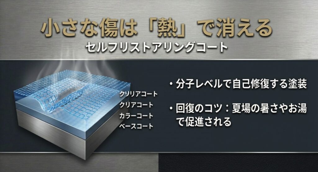 分子レベルで自己修復する塗装「セルフリストアリングコート」の仕組み。夏場の暑さやお湯で修復が促進される図解