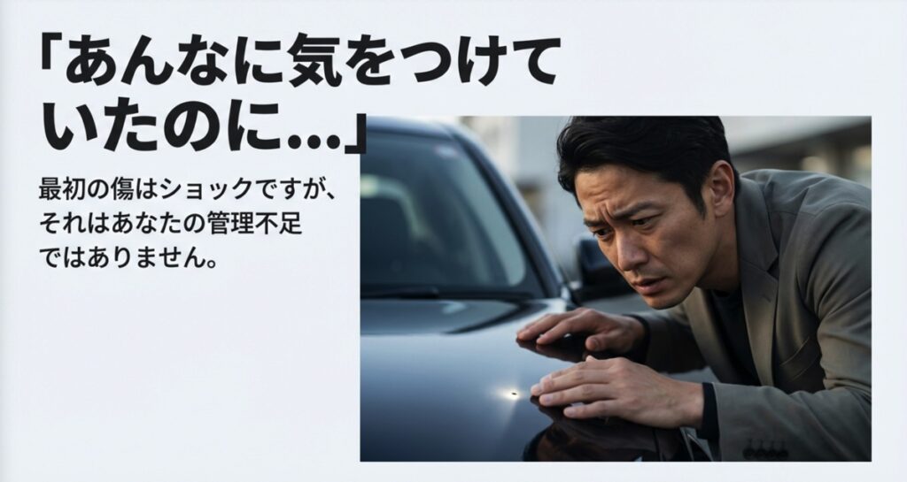 車のボンネットの傷を深刻な表情で見つめる男性と、自分を責める必要はないというメッセージ
