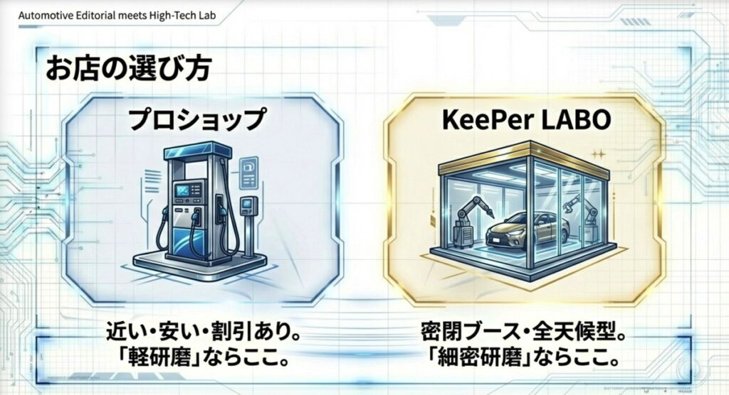 ガソリンスタンド型のプロショップと全天候型ブースのあるKeePer LABOの比較イラスト