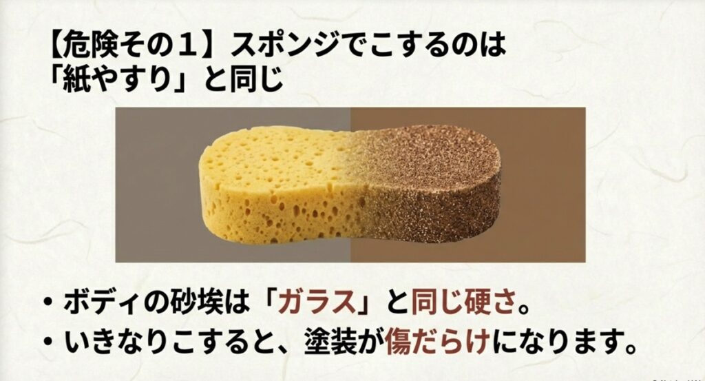 危険その1。ボディの砂埃はガラスと同じ硬さがあり、いきなりこすると紙やすりと同じになる警告。