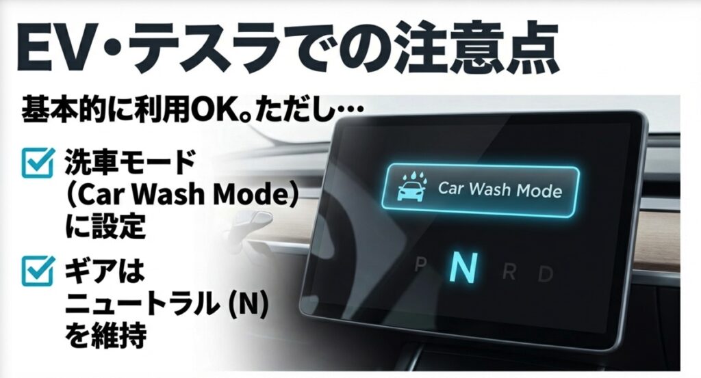 テスラ等の電気自動車で洗車機を利用する際の注意点。Car Wash Modeの設定やニュートラル（N）維持の必要性についての解説