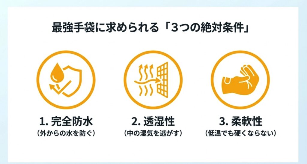 最強の冬用洗車手袋に求められる完全防水・透湿性・柔軟性の3つの条件