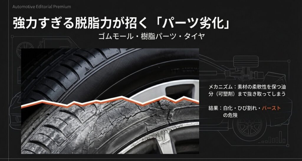 タイヤの側面がひび割れて劣化している画像。可塑剤が抜け落ちてバーストの危険があることを警告する図