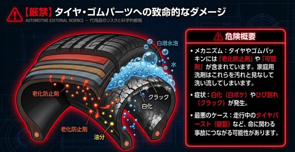 洗剤がタイヤの老化防止剤を洗い流し、白化やひび割れ（クラック）を引き起こすメカニズムの断面図
