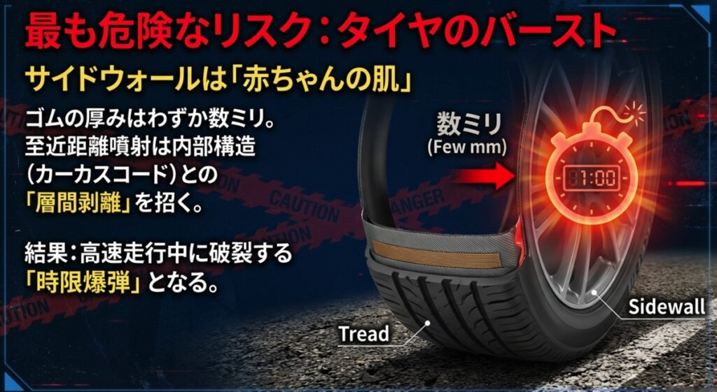 タイヤのサイドウォールはゴムが薄く、高圧水流によって内部構造との層間剥離（バーストの原因）が起きることを示す図