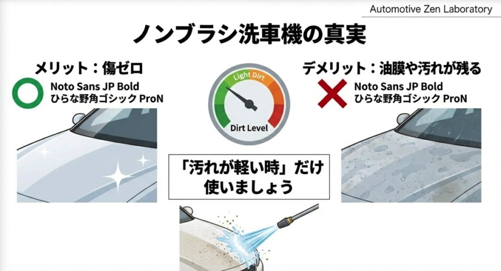 ノンブラシ洗車機の図解。傷はつかないが、汚れレベルが高いと汚れが落ち切らないことを示すメーターのイラスト。