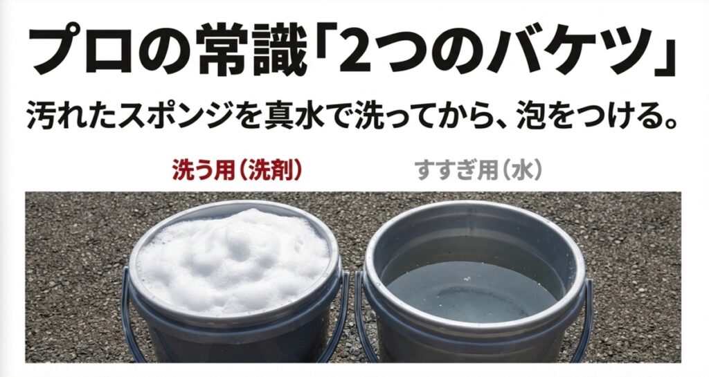 洗剤用のバケツと、すすぎ用の水が入ったバケツが並んでいる写真