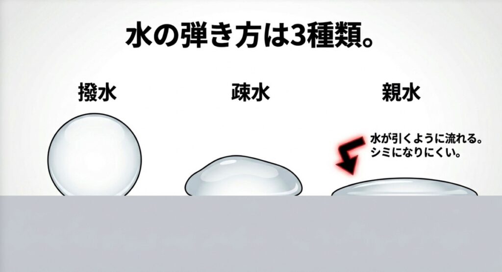 水の弾き方の違い（撥水、疎水、親水）と水滴の形状比較イラスト