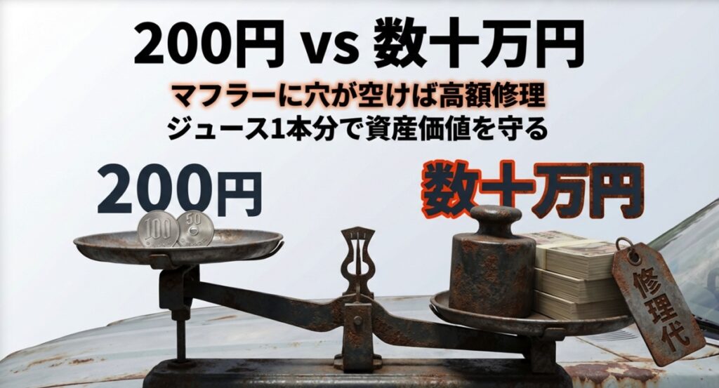 200円の下部洗浄を行わなかった場合に発生する可能性のある、マフラーや車体の高額な修理費用との比較イラスト