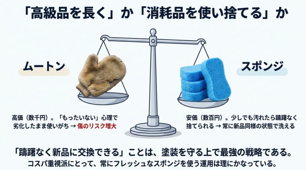 高級ムートンを長く使うか安いスポンジを使い捨てるかのコスパ比較