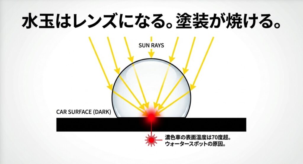 ボディ上の水滴がレンズとなり日光を集め、塗装面が高温になり焼ける仕組みの図解