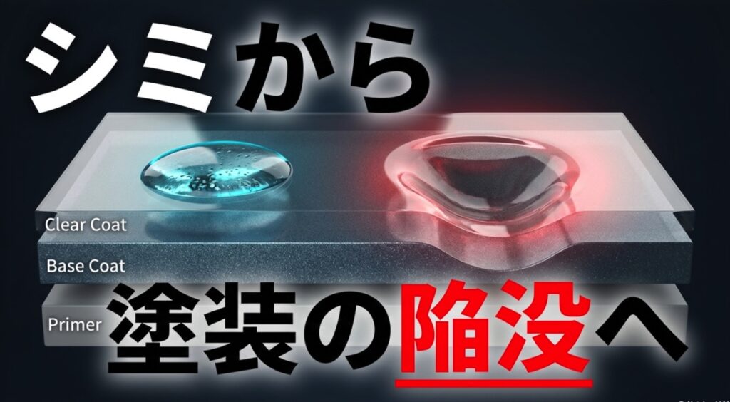 断面図:塗装表面のシミ(クリアコート)から塗装陥没(ベースコート)へダメージが進行する様子