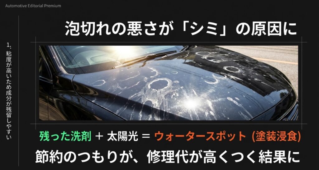 黒い車のボンネットに白く残った洗剤のシミとウォータースポットの画像。粘度が高く成分が残留しやすいことを示す