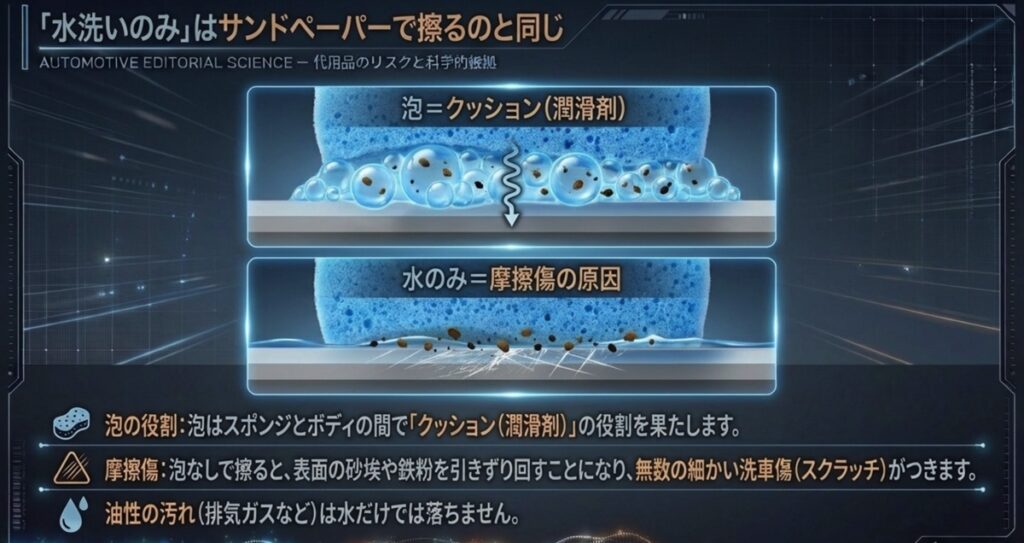 泡がクッションとなる場合と、水のみで汚れを引きずり摩擦傷（スクラッチ）ができる場合の断面比較図