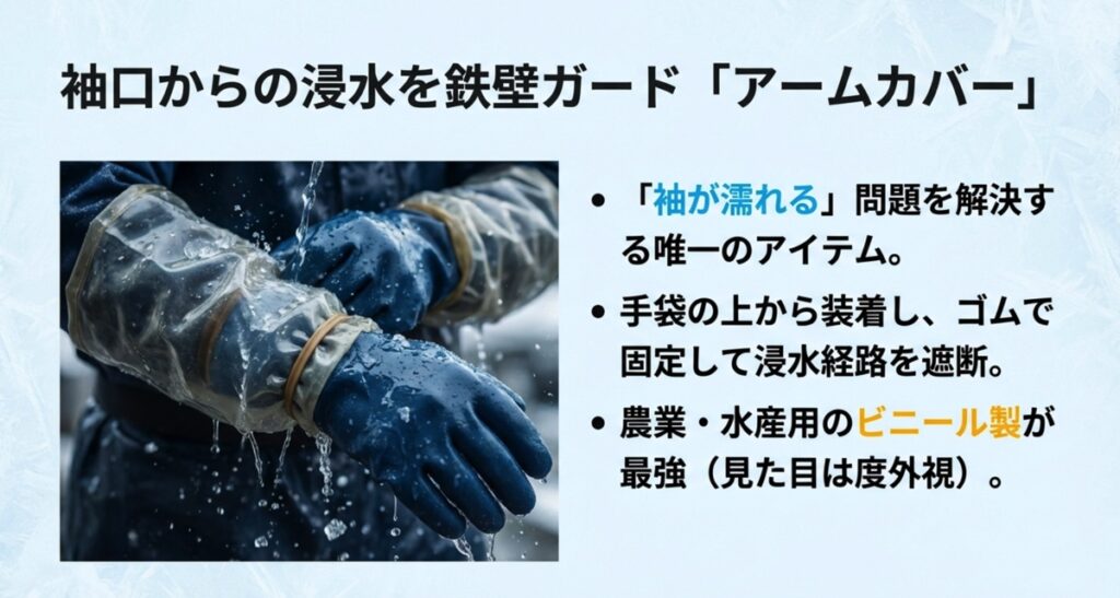 洗車中の袖口からの浸水を防ぐビニール製アームカバーの装着例