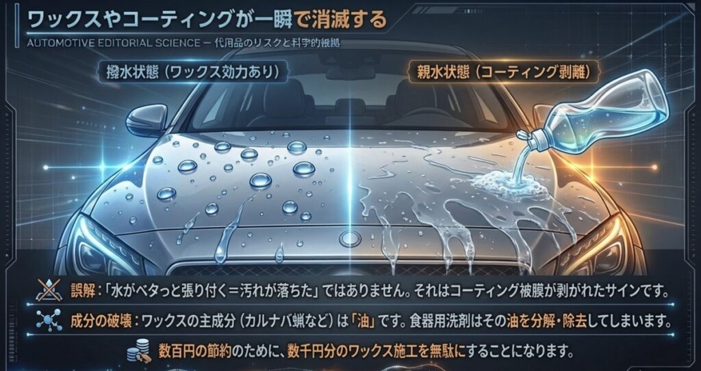 撥水状態のボディと、洗剤によってコーティングが剥がれ親水状態になったボディの比較