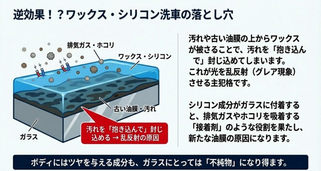 古い油膜や汚れの上からワックスがかかることで、汚れを封じ込めて乱反射（グレア現象）を引き起こす断面図解