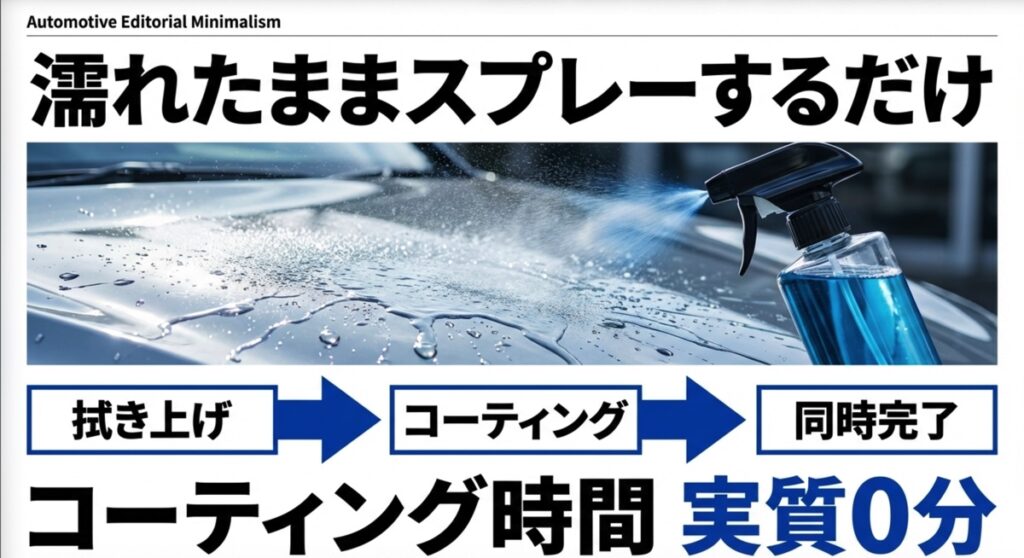 洗車後の濡れたボディにスプレーするだけで、拭き上げと同時にコーティングが完了し時間がかからない様子。