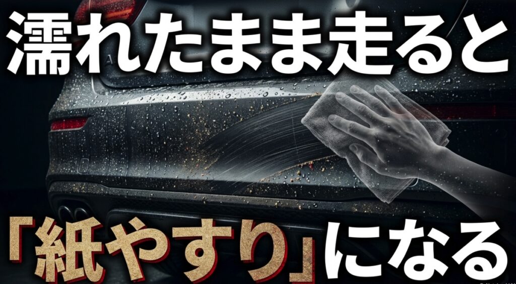 イメージ図:濡れたボディに砂埃が付着し、拭き取り時に紙やすりのように塗装を傷つけるリスク