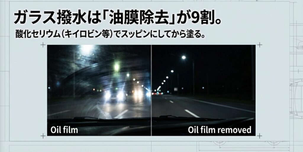 ガラス撥水コーティングの前に酸化セリウムで油膜を除去する重要性を示した図