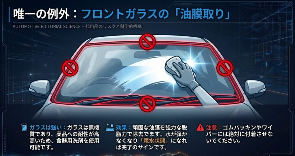ガラスの油膜除去に限り食器用洗剤が有効であることと、ゴムパッキンへの付着に注意が必要であることの解説