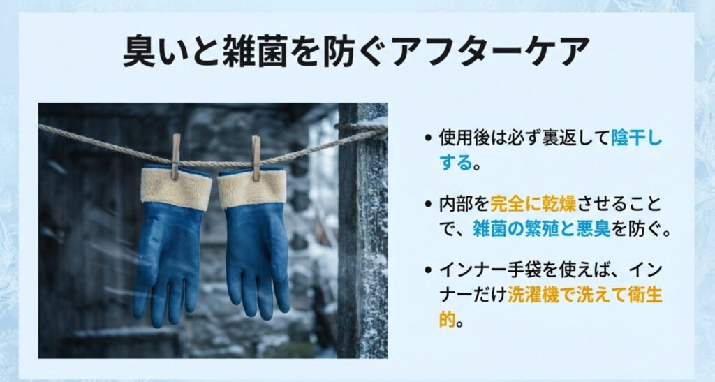 臭いと雑菌の繁殖を防ぐために手袋を裏返して陰干しするアフターケア