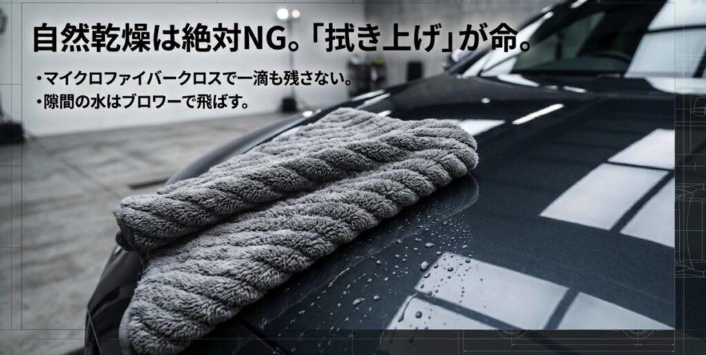 自然乾燥はNG、マイクロファイバークロスとブロワーで水分を完全に除去する重要性の解説