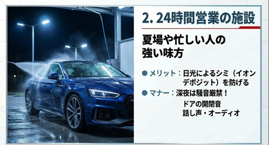 夏場や忙しい人の強い味方!24時間営業 夜間の洗車場と日焼け防止のメリット