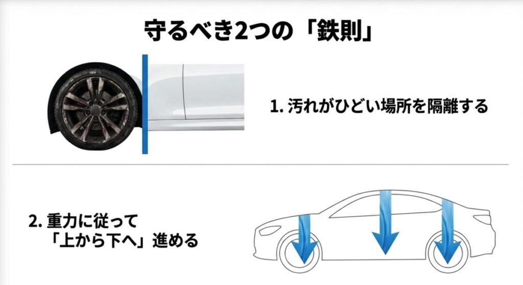 洗車の鉄則である「汚れがひどい場所を隔離する」「重力に従って上から下へ進める」を示したイラスト