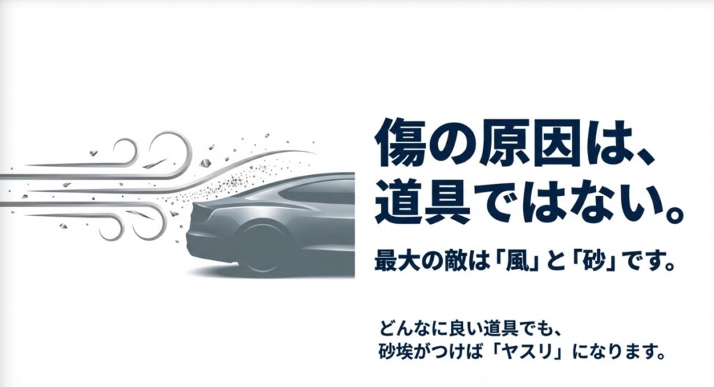 洗車傷の原因は道具ではなく風と砂にあるという解説