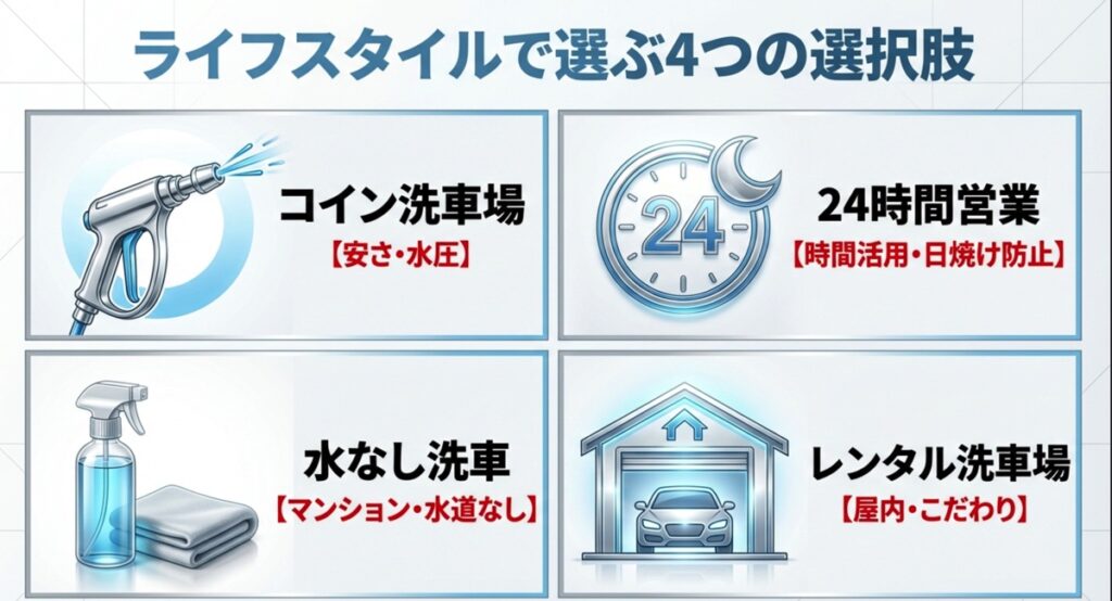 ライフスタイルで選ぶ4つの選択肢 ライフスタイルで選ぶ洗車場所4つの選択肢