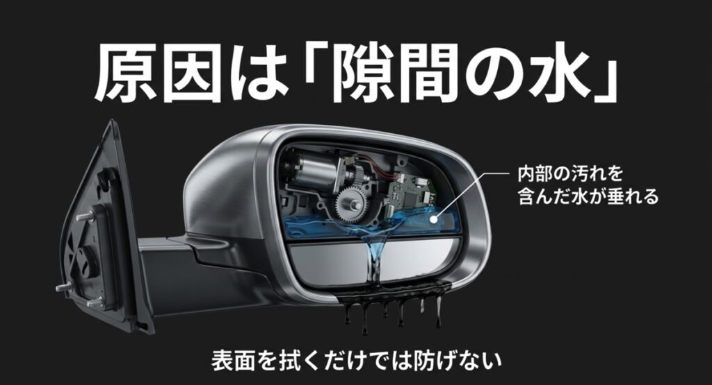 サイドミラー内部の構造と隙間の水が垂れるメカニズム