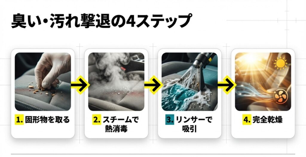 臭い・汚れを撃退する洗浄4ステップ 固形物除去、スチーム、リンサー、乾燥の4ステップ手順