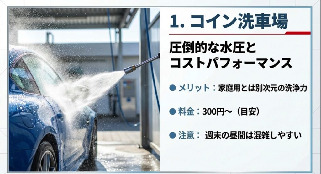 圧倒的な水圧とコストパフォーマンス コイン洗車場の高圧洗浄機のイメージ