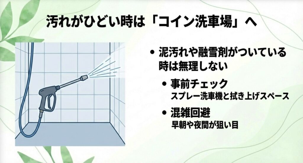 泥汚れや融雪剤がついている場合はコイン洗車場を利用することを推奨する図
