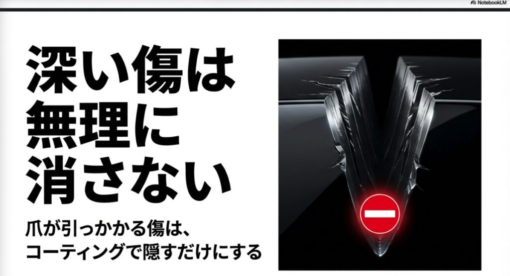 爪が引っかかる深い傷はコーティングで隠すだけにする断面図解