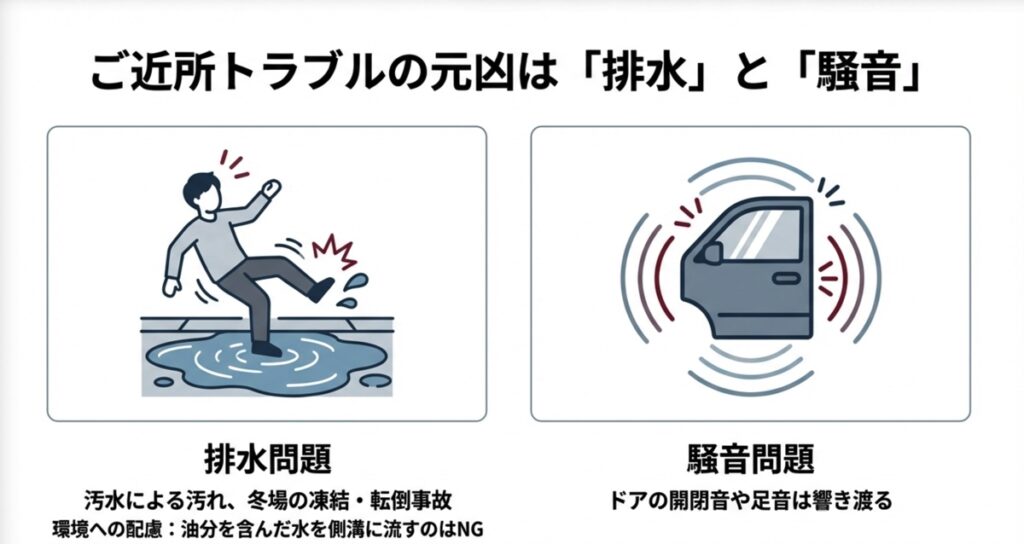 洗車の排水で滑る人と、ドア開閉音などの騒音が近隣トラブルになるイメージ