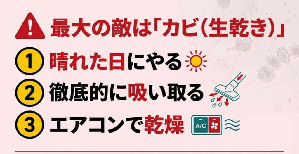 最大の敵「カビ・生乾き」を防ぐ乾燥テクニック カビを防ぐための乾燥3ステップ(晴れの日・吸引・エアコン)