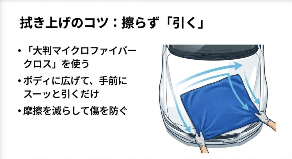大判マイクロファイバークロスを広げ、擦らずに手前に引いて水分を吸い取る方法