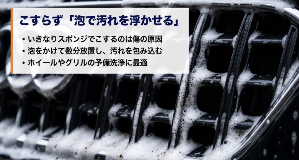 泡で汚れを浮かせて傷を防ぐ洗車方法のポイント