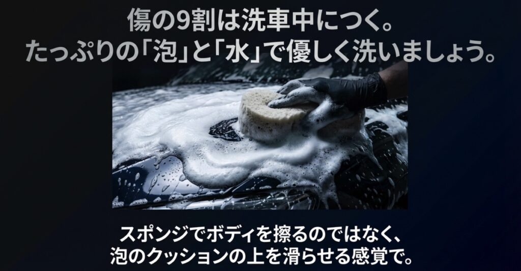 たっぷりの泡と水で優しく洗う洗車イメージ