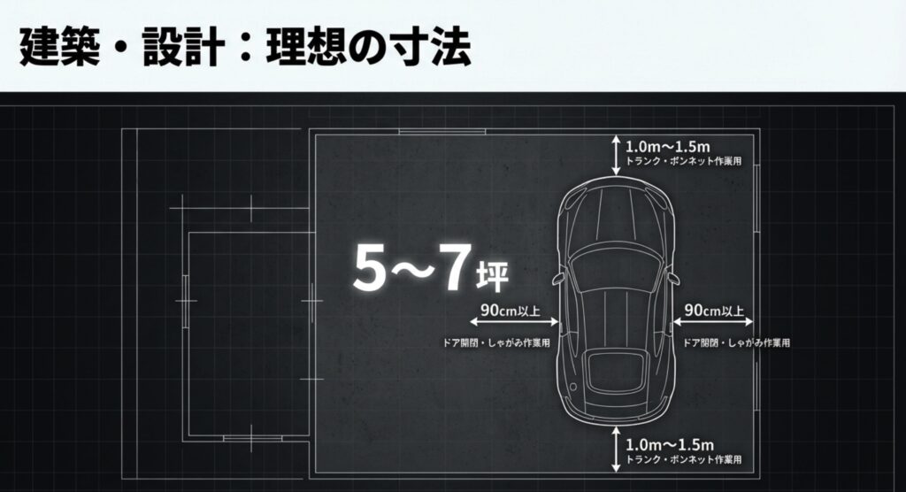 建築・設計:理想の寸法 洗車ガレージの理想寸法:ドア開閉やトランク作業に必要なクリアランス
