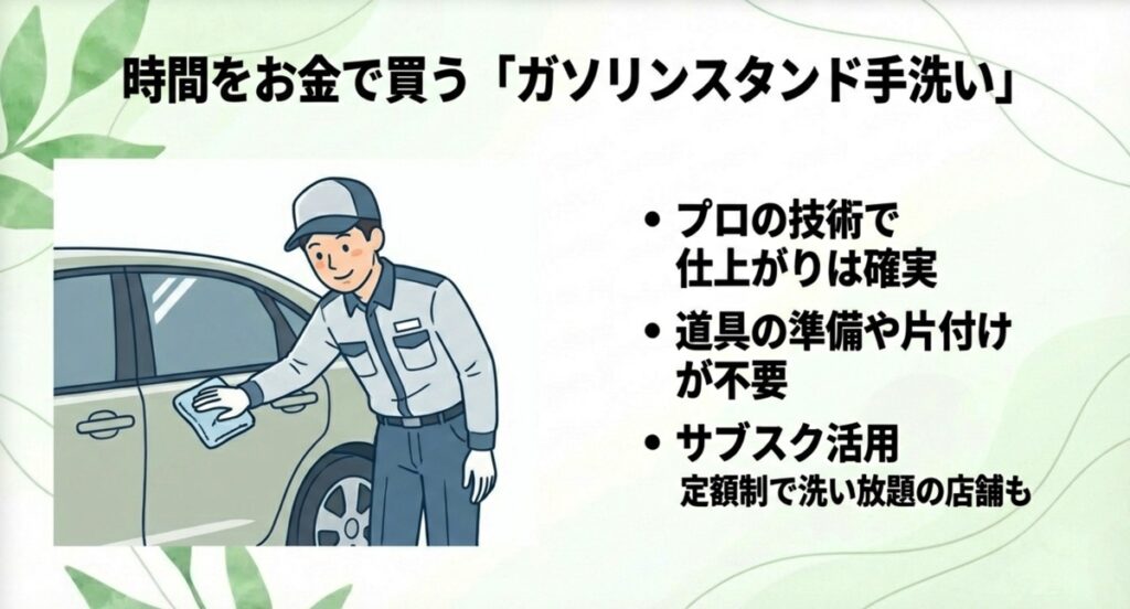 時間をお金で買いプロに任せるガソリンスタンド手洗い洗車のイラスト