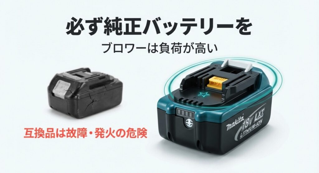 必ず純正バッテリーを マキタ純正バッテリーと破損した互換バッテリーの比較