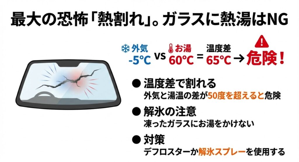 外気とお湯の温度差によってフロントガラスが割れるリスクを説明する図。