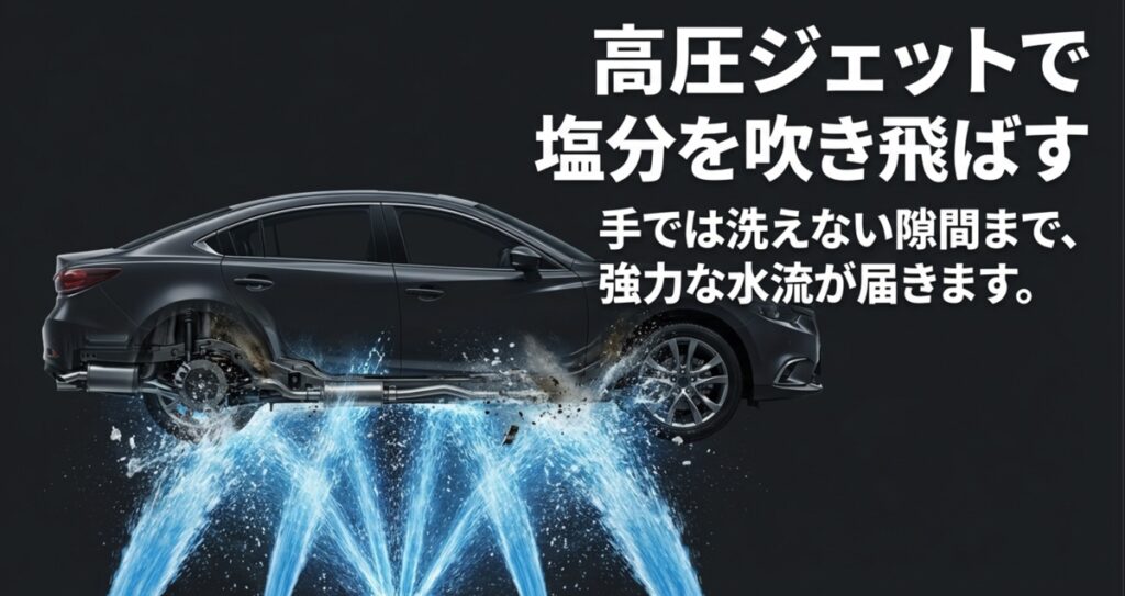 高圧ジェットで塩分を吹き飛ばすイメージ