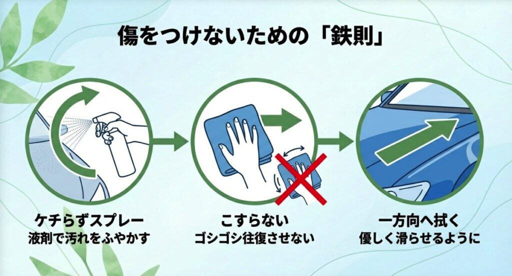 たっぷりスプレーして一方向に拭く、車に傷をつけないための手順図解